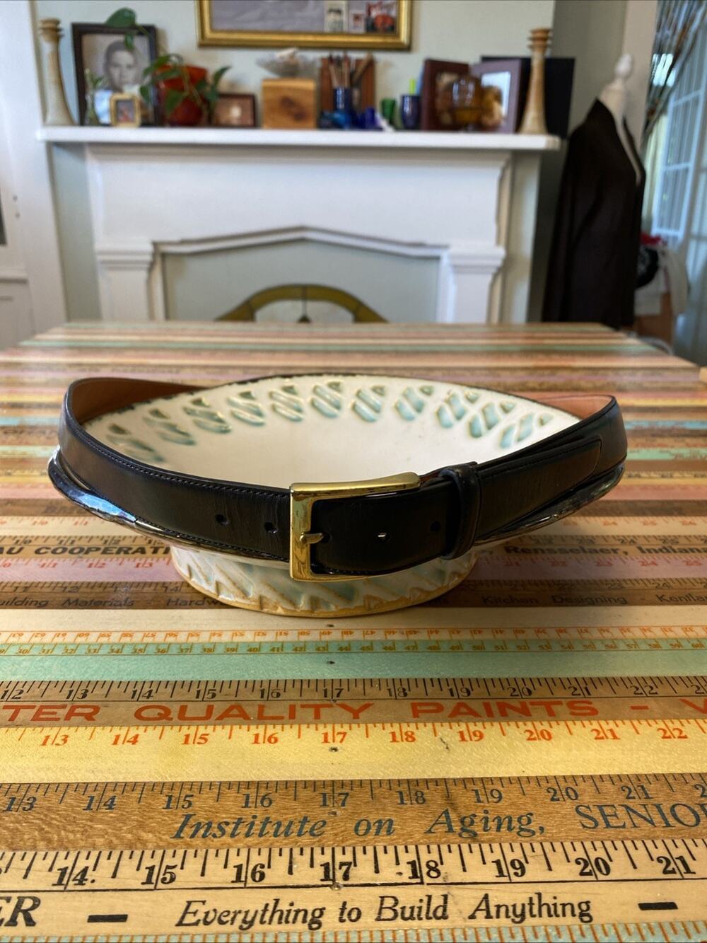 MENS Trafalgar Hand polished Cortina Leather Black Dress Goldtone Belt Size 42